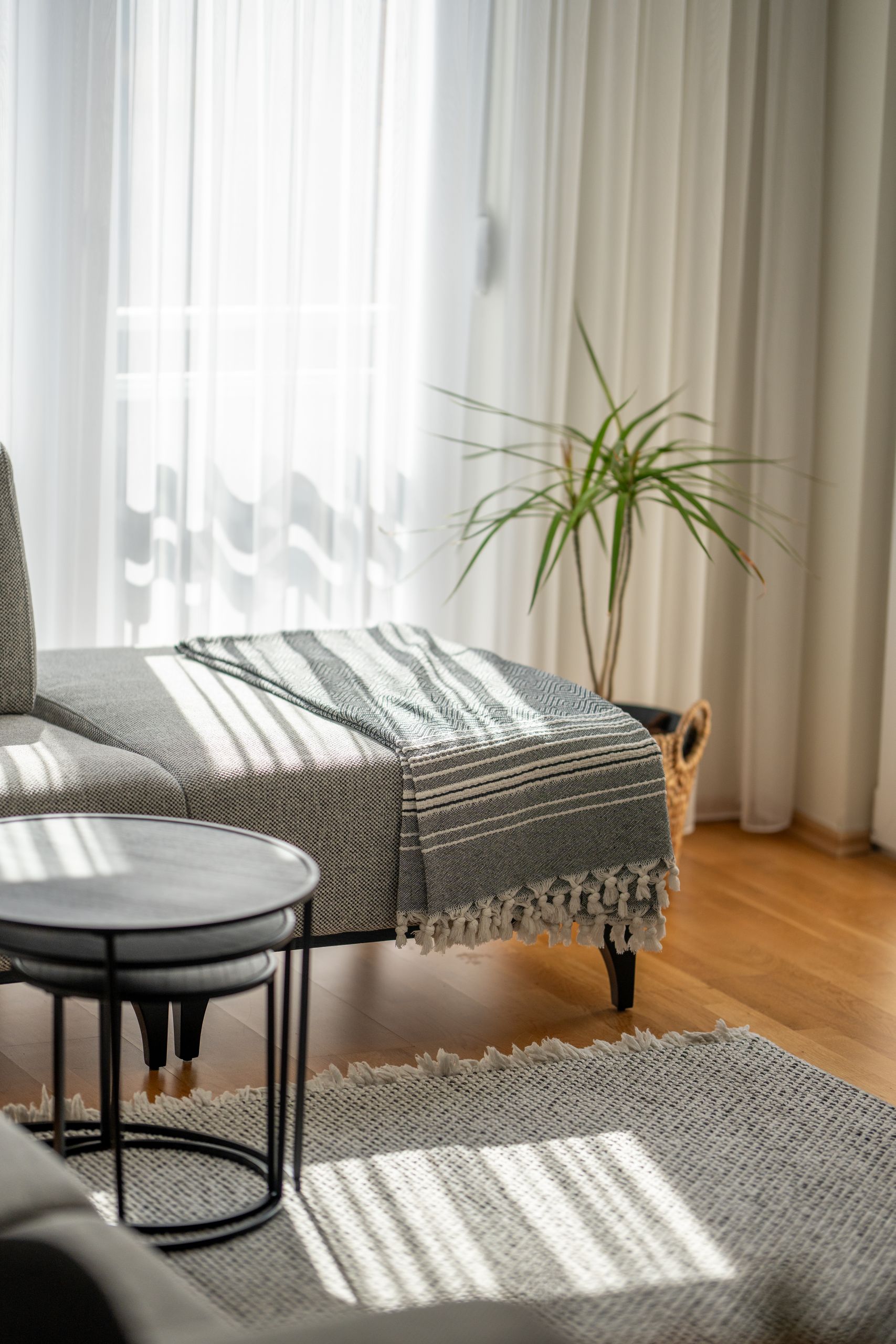 A serene scandinavian living room with sunlight streaming through curtains, featuring minimalist furniture.